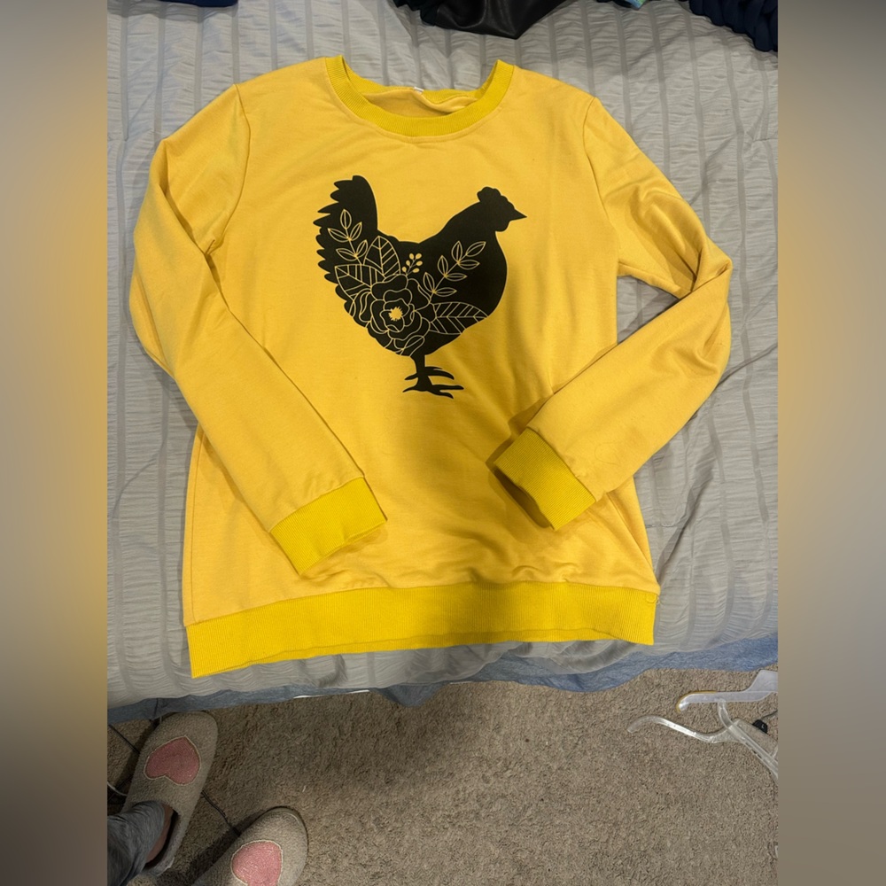 Yellow Sweatshirt with Black Floral Chicken Design